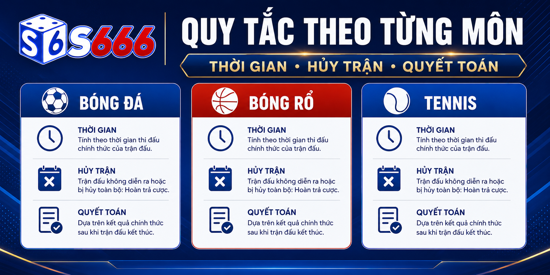 Mỗi môn thể thao có phạm vi thời gian, luật hủy trận và cách quyết toán khác nhau.