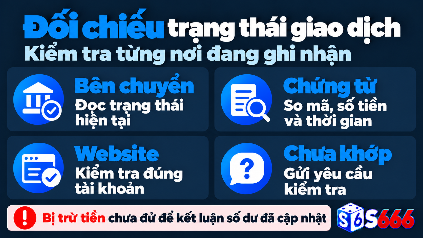 Đối chiếu trạng thái tại bên chuyển, chứng từ và lịch sử tài khoản khi nạp tiền S666 chưa vào