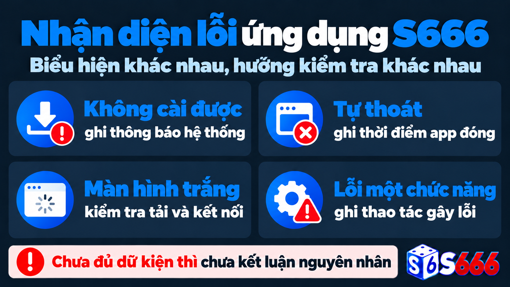 Phân biệt lỗi cài đặt, tự thoát, màn hình trắng và lỗi chức năng trong ứng dụng S666
