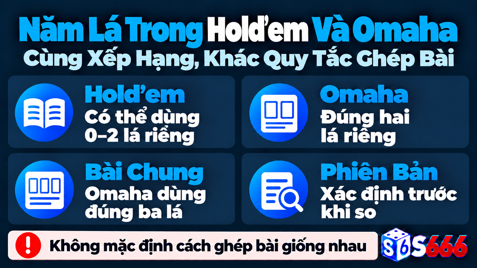 Hold’em có thể dùng 0, 1 hoặc 2 lá riêng còn Omaha phải dùng đúng hai lá riêng và ba lá chung