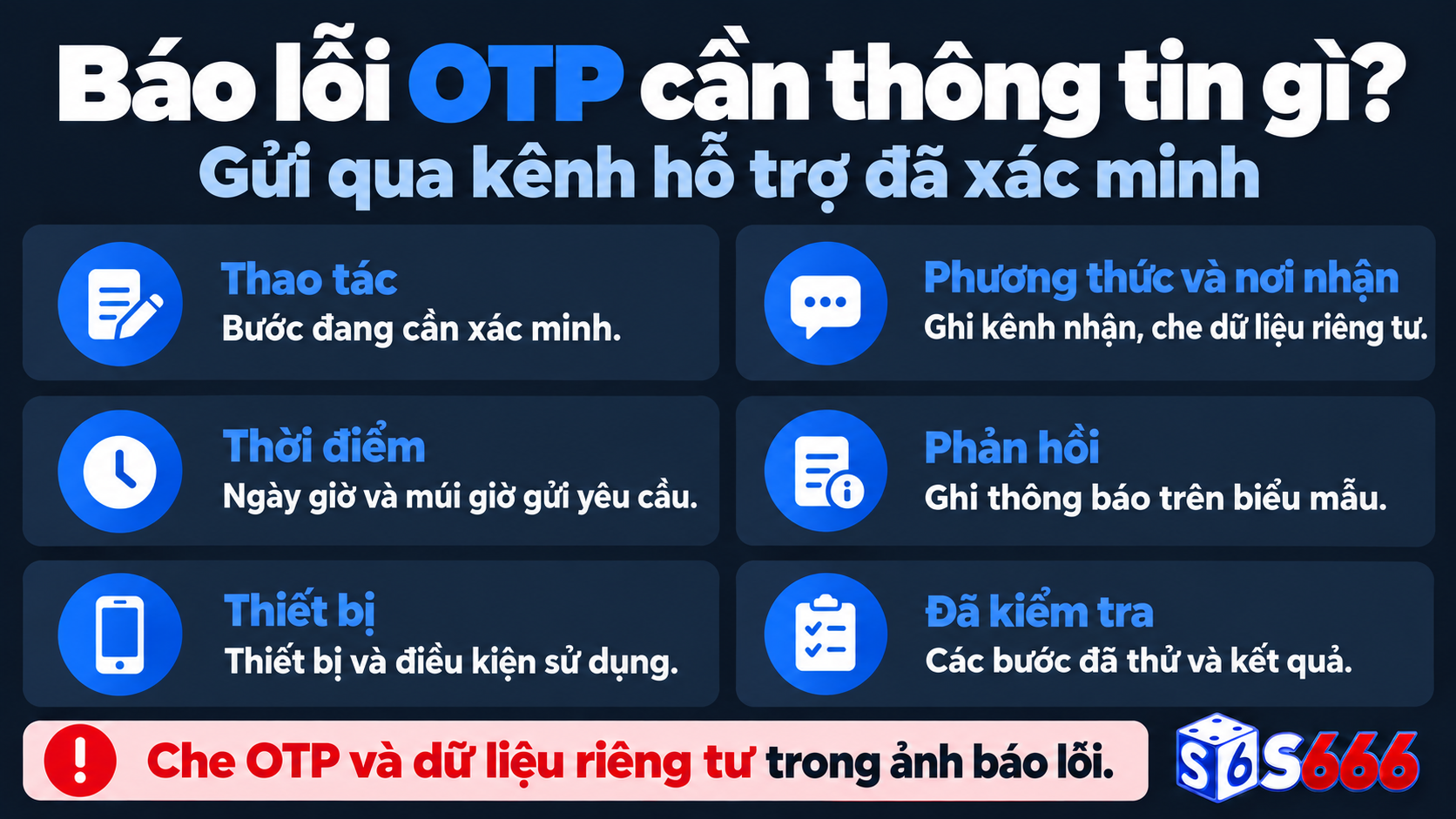 Thông tin báo lỗi OTP gồm thao tác, phương thức, nơi nhận đã che, thời điểm, phản hồi và bước đã kiểm tra; không gửi mã xác thực