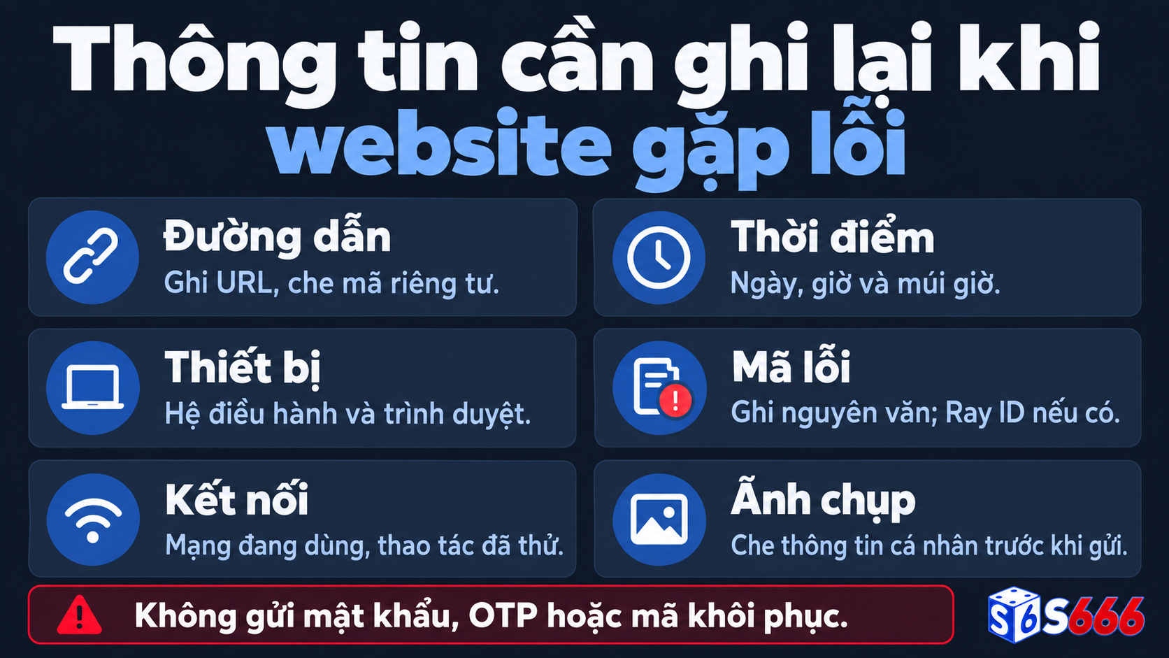 Mẫu báo lỗi gồm đường dẫn, thời điểm, thiết bị, kết nối, mã lỗi và ảnh chụp đã che dữ liệu cá nhân