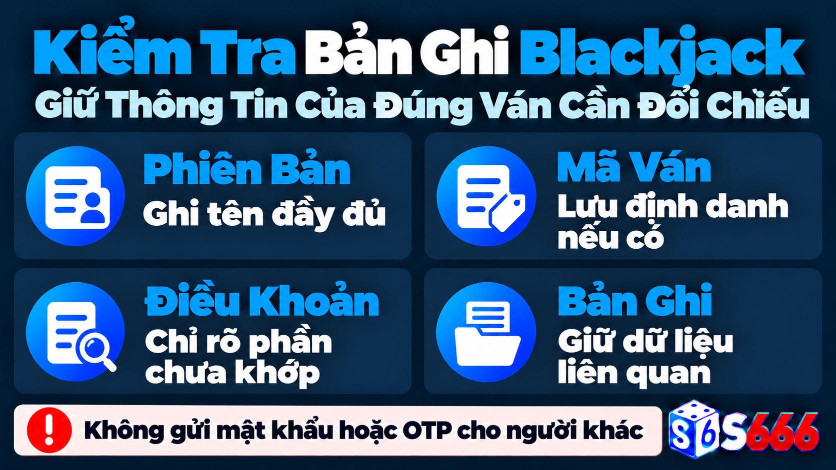 Hồ sơ kiểm tra kết quả Blackjack gồm phiên bản, mã ván, điều khoản và bản ghi liên quan
