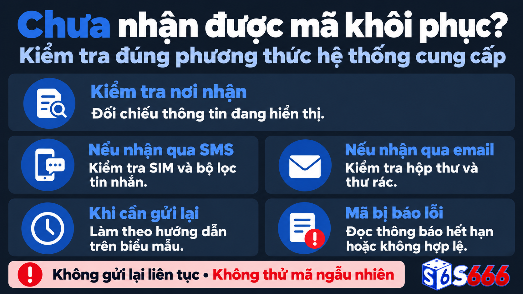 Các điểm kiểm tra khi chưa nhận mã khôi phục: đúng nơi nhận, SMS hoặc hộp thư, hướng dẫn gửi lại và thông báo hết hạn