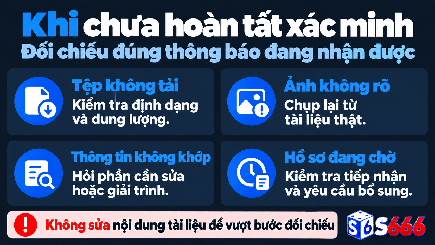 Đối chiếu lỗi xác minh S666: tệp không tải, ảnh không rõ, thông tin không khớp và hồ sơ cần bổ sung hoặc chờ kiểm tra
